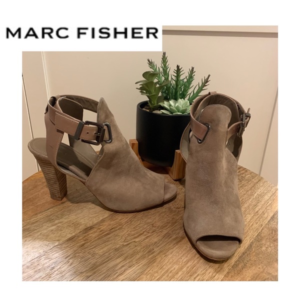 Marc Fisher Shoes - MARC FISHER Taupe Suede Heeled Open Toe Booties